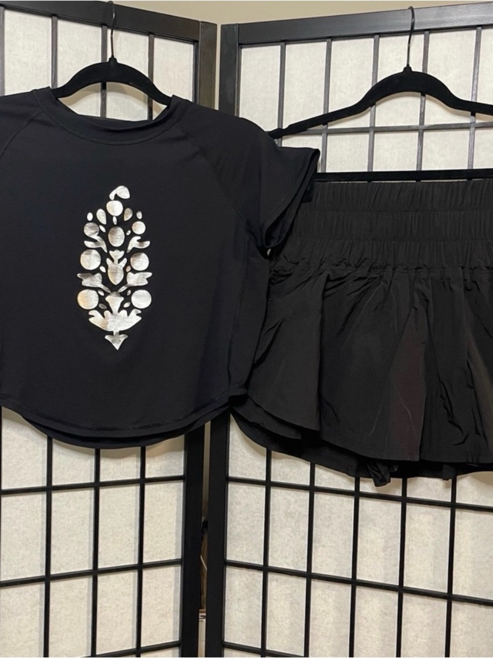 Free People Black Short Sleeve Tee with Silver Metallic Graphic